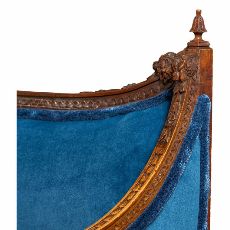 Antique French Walnut Settee in Blue Velvet