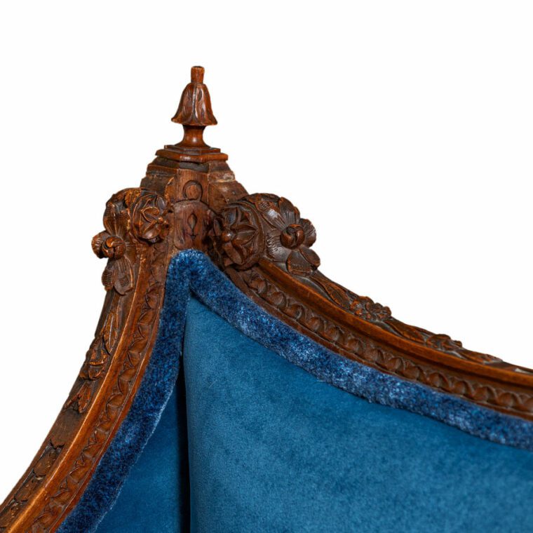 Antique French Walnut Settee in Blue Velvet