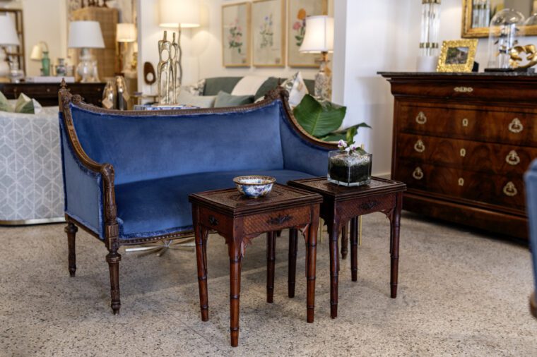 Antique French Walnut Settee in Blue Velvet