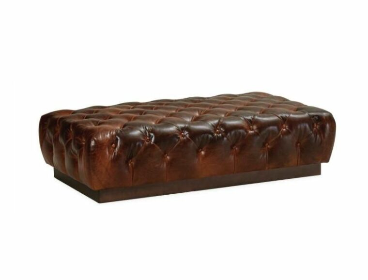 Tufted Distressed Cigar Leather Coffee Table Ottoman