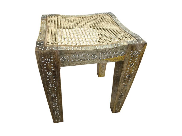 Inlaid Stool with Woven Cane Top