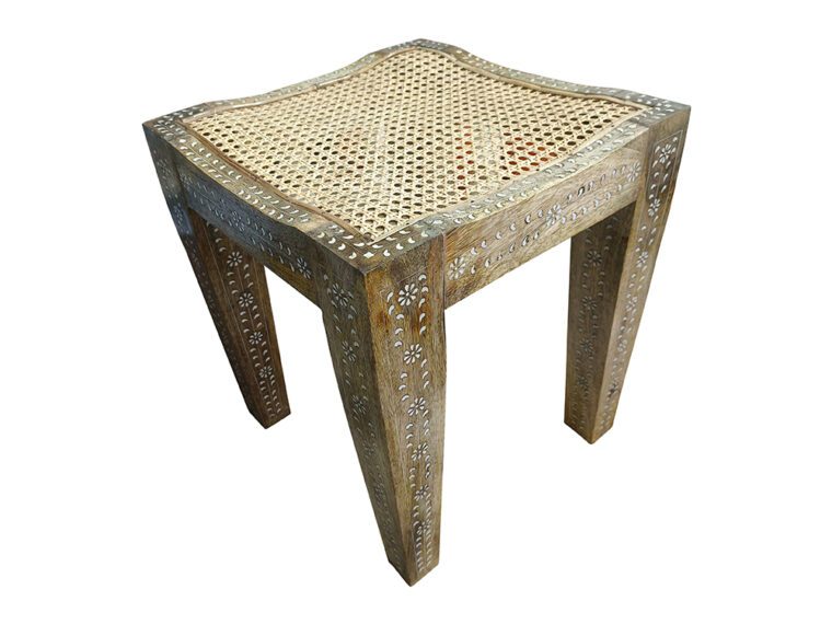 Inlaid Stool with Woven Cane Top