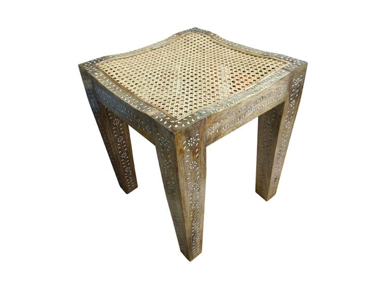 Inlaid Stool with Woven Cane Top