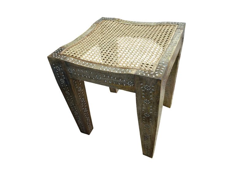 Inlaid Stool with Woven Cane Top