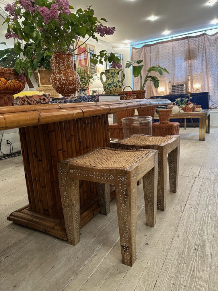 Inlaid Stool with Woven Cane Top