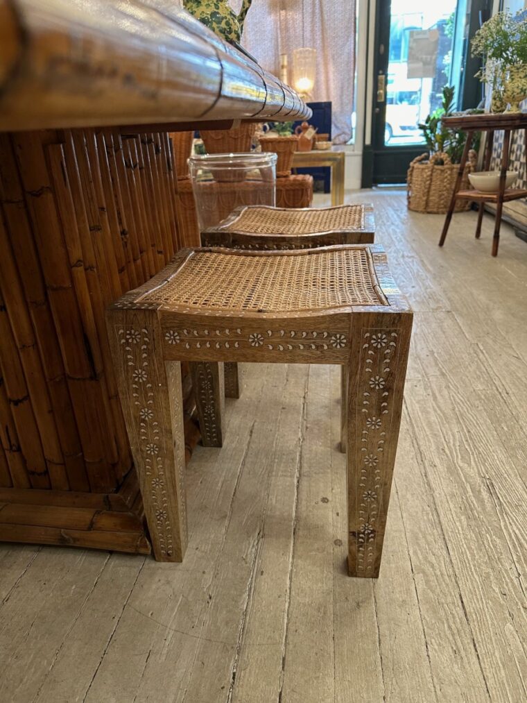 Inlaid Stool with Woven Cane Top