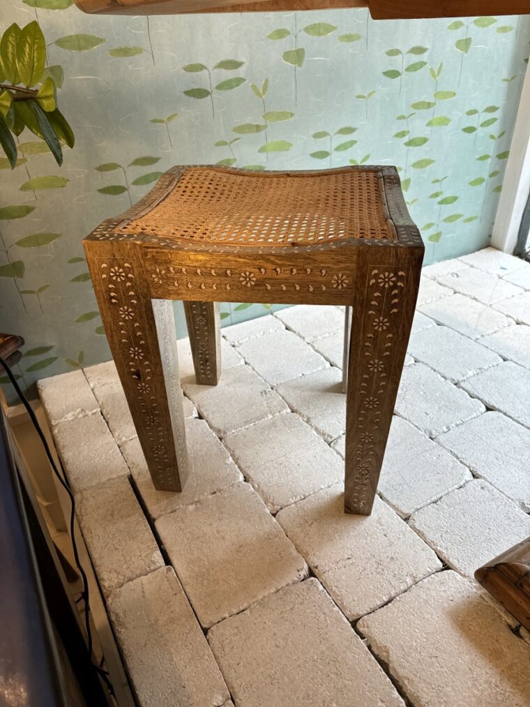 Inlaid Stool with Woven Cane Top