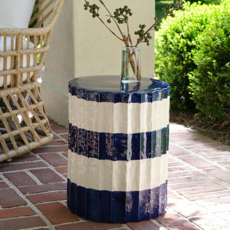Cruz Blue and White Striped Ceramic Stool