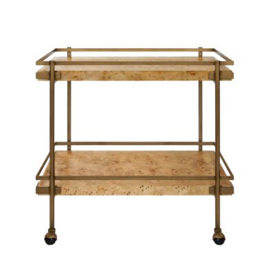 Burl Wood Antiqued Brass Bar Cart