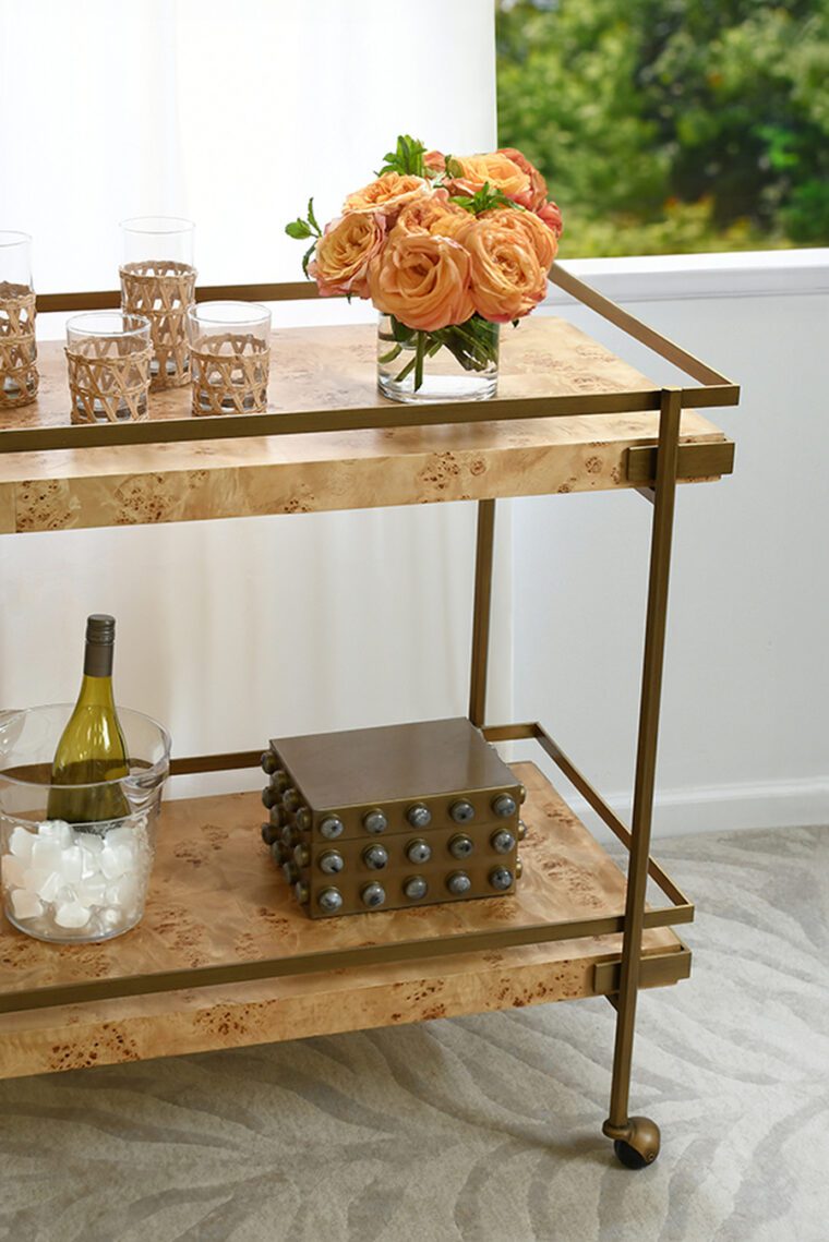 Burl Wood Antiqued Brass Bar Cart