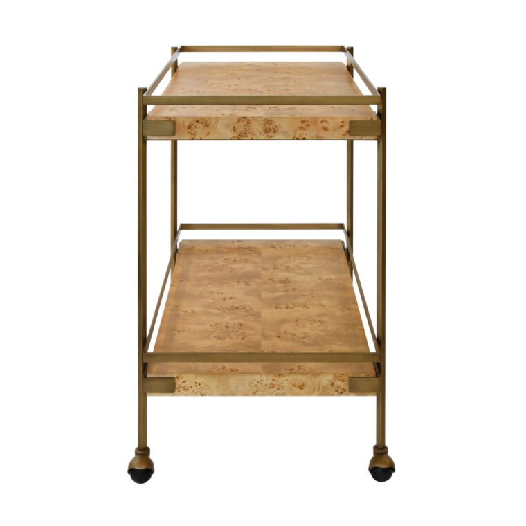 Burl Wood Antiqued Brass Bar Cart