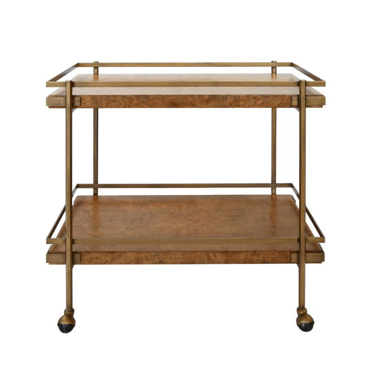 Burl Wood Antiqued Brass Bar Cart