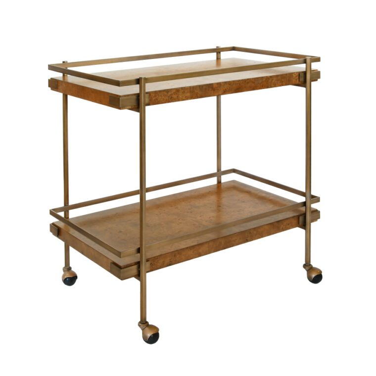 Burl Wood Antiqued Brass Bar Cart