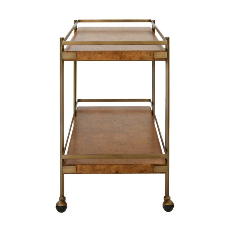 Burl Wood Antiqued Brass Bar Cart