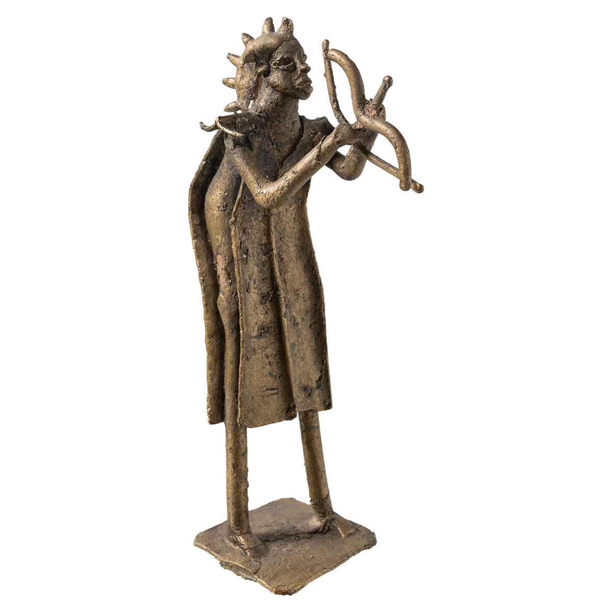 Close-up front view of vintage brutalist style warrior statue crafted from brasstone iron.