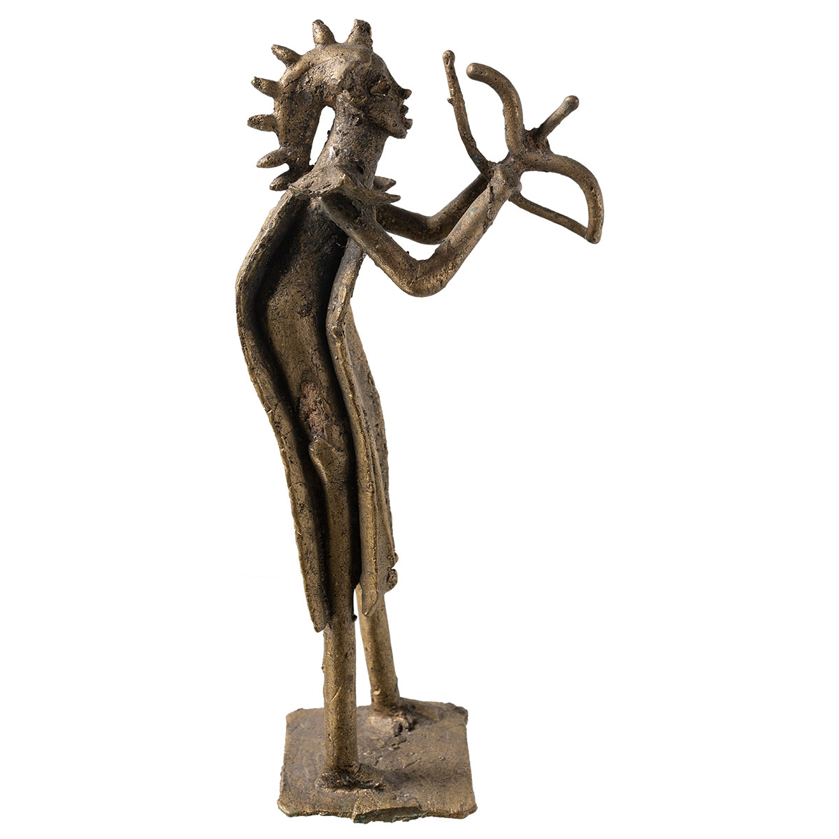 Vintage Brutalist Style Warrior Statue, front view of brass warrior figure in an intense pose.