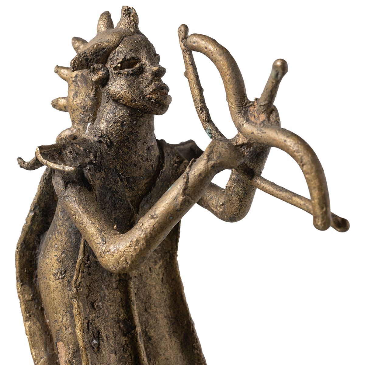 Close-up of vintage Brutalist warrior statue crafted from dark brass, showcasing intricate details and a striking pose.