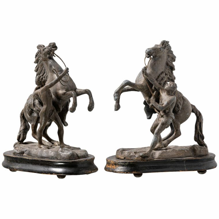 Pair of Antique Spelter Roman Style Men with Horse Statuettes