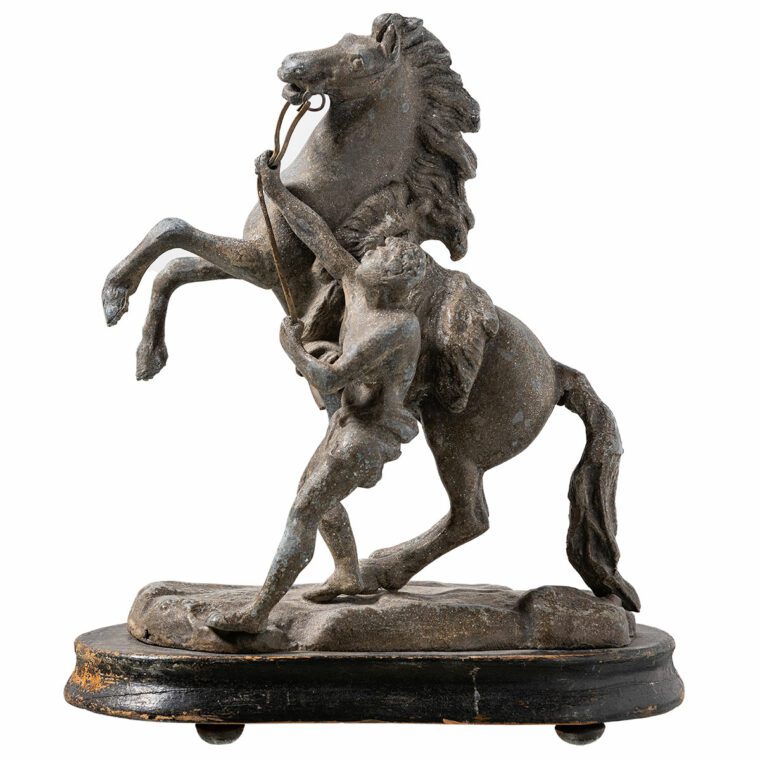 Pair of Antique Spelter Roman Style Men with Horse Statuettes - Image 2