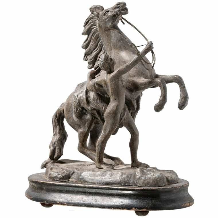 Pair of Antique Spelter Roman Style Men with Horse Statuettes - Image 5