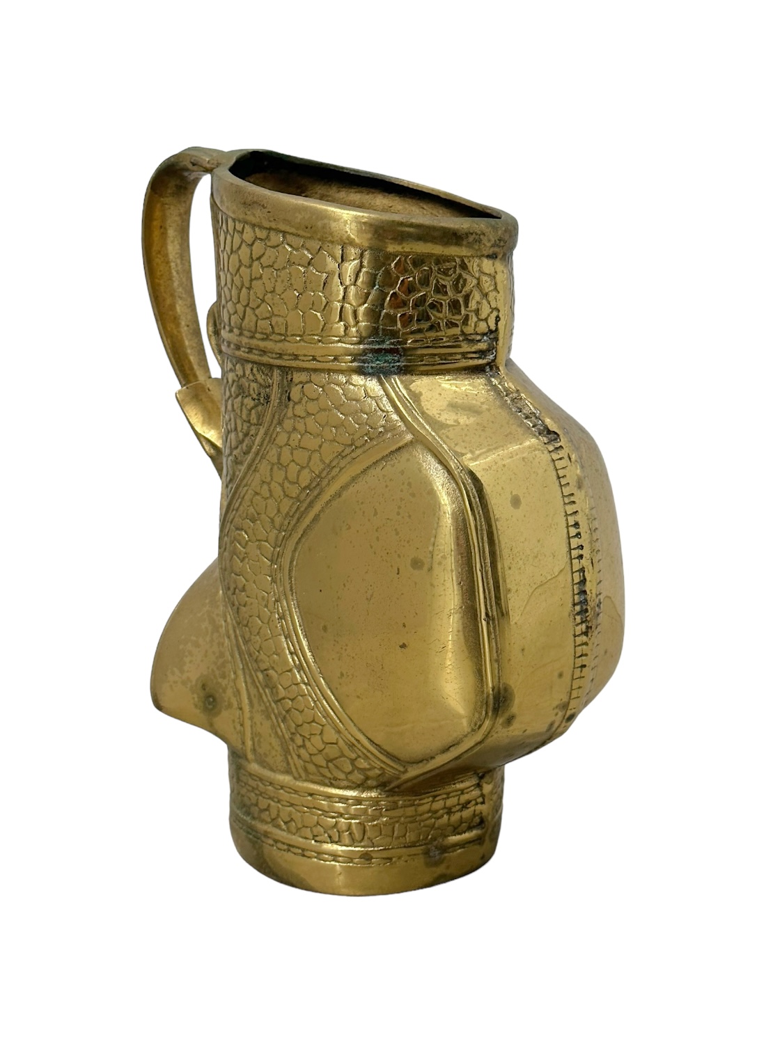Close-up of vintage brass golf bag vase, showcasing intricate design and classic charm.