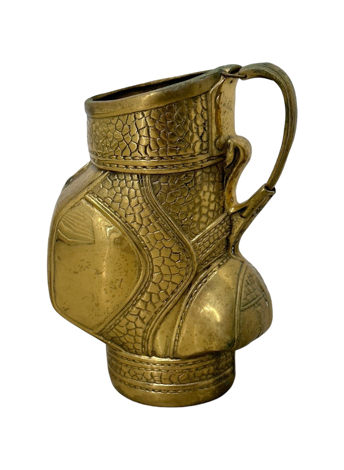 Side view of vintage brass golf bag vase featuring ornate detailing and classic design.