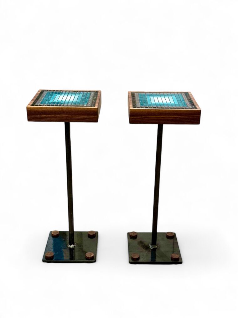 Pair of Glass Tile, Walnut and Steel Drinks Tables - Image 2