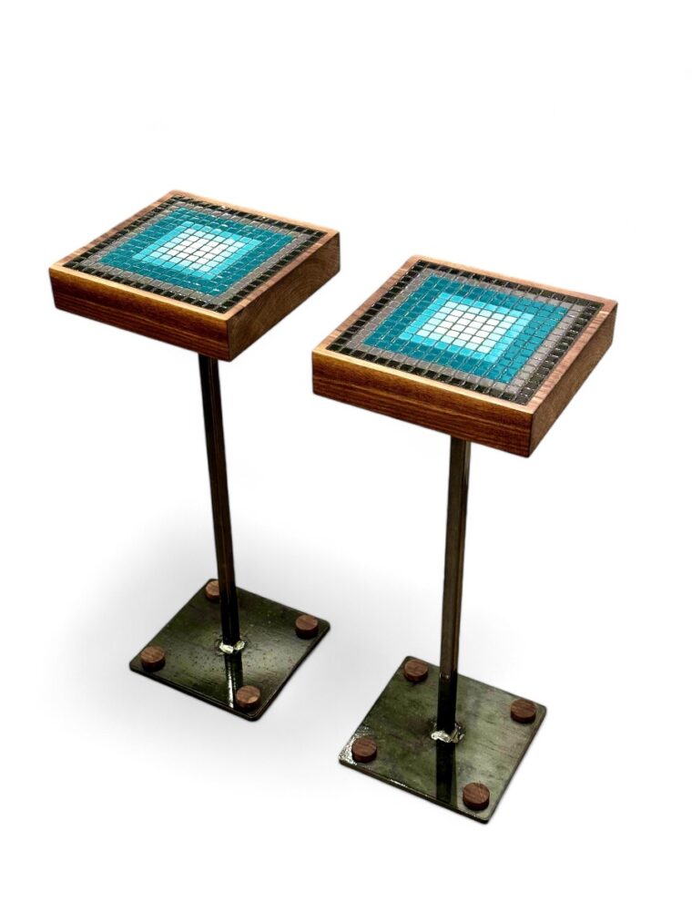 Pair of Glass Tile, Walnut and Steel Drinks Tables