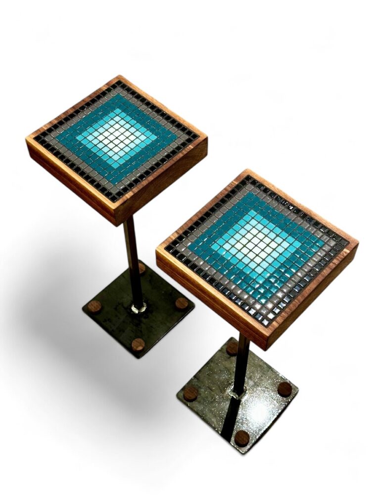 Pair of Glass Tile, Walnut and Steel Drinks Tables - Image 3