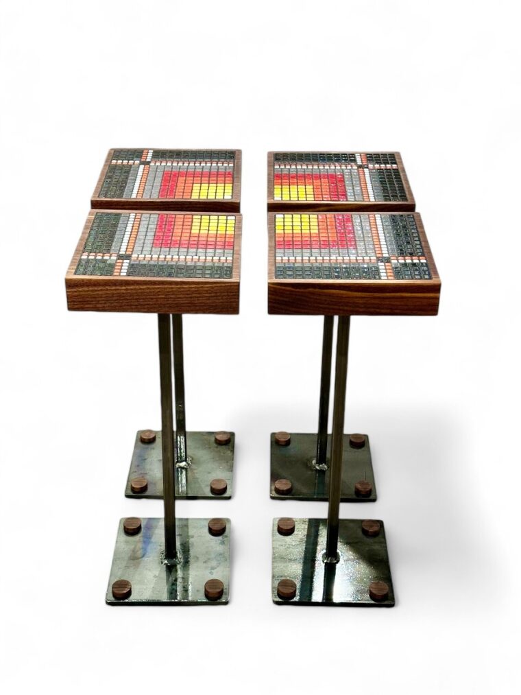 Set of 4 Glass Tile, Walnut and Steel Drinks Tables - Image 2
