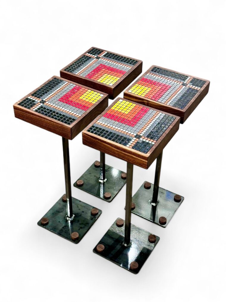 Set of 4 Glass Tile, Walnut and Steel Drinks Tables