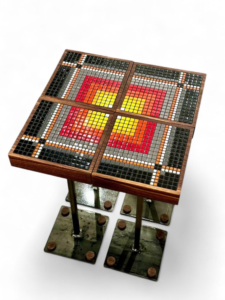 Set of 4 Glass Tile, Walnut and Steel Drinks Tables - Image 3