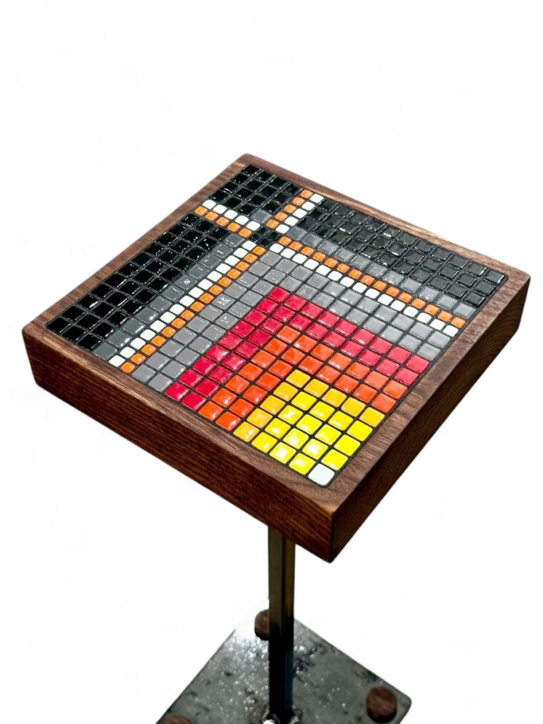 Set of 4 Glass Tile, Walnut and Steel Drinks Tables - Image 5