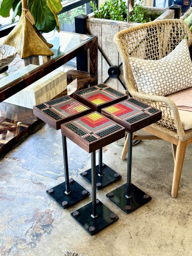 Set of 4 Glass Tile, Walnut and Steel Drinks Tables - Image 6