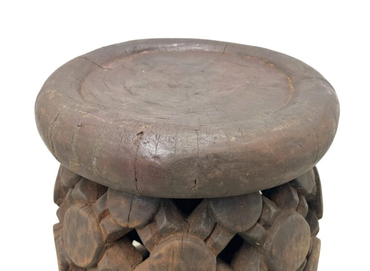Round Carved African Wood Stool with Circle Motif - Image 2