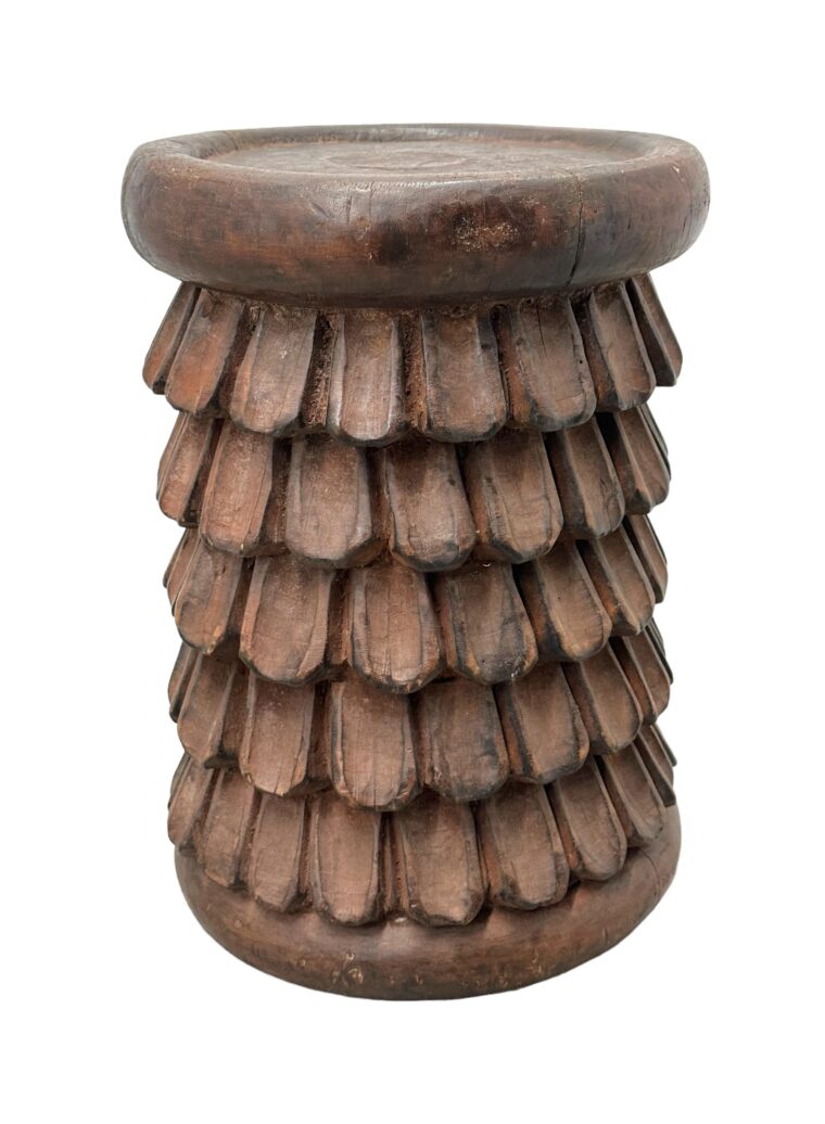 Round Carved African Wood Stool with Scale Motif
