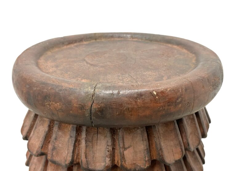 Round Carved African Wood Stool with Scale Motif - Image 3