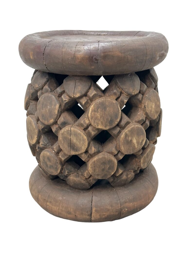 Round Carved African Wood Stool with Circle Motif
