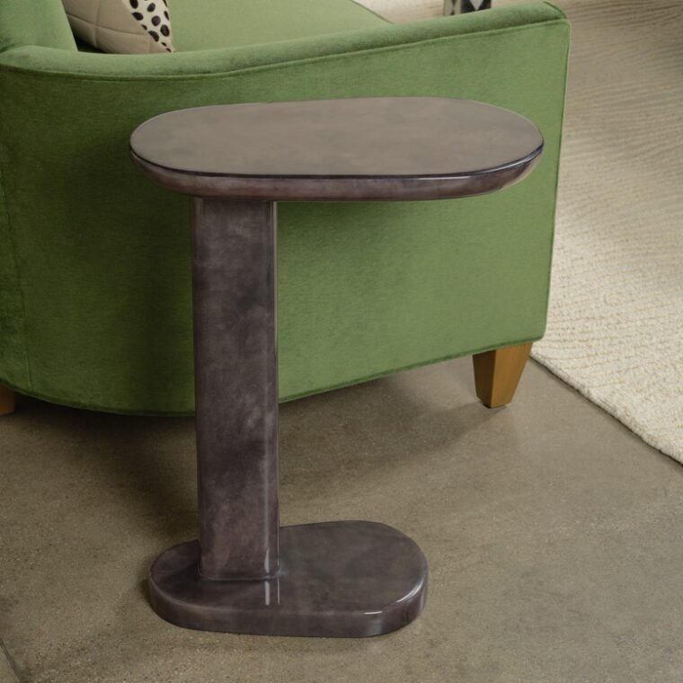 Gloss Vellum Pedestal Side Tables with Brass Inlay - Image 11