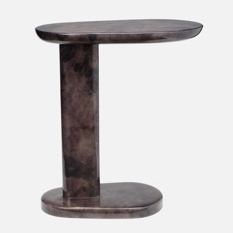 Gloss Vellum Pedestal Side Tables with Brass Inlay - Image 7