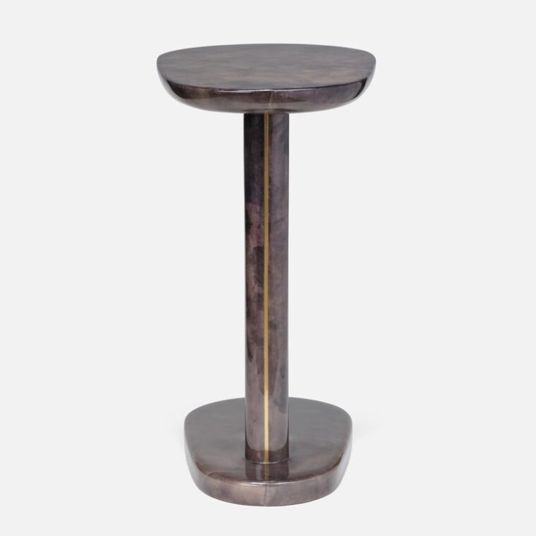 Gloss Vellum Pedestal Side Tables with Brass Inlay - Image 9