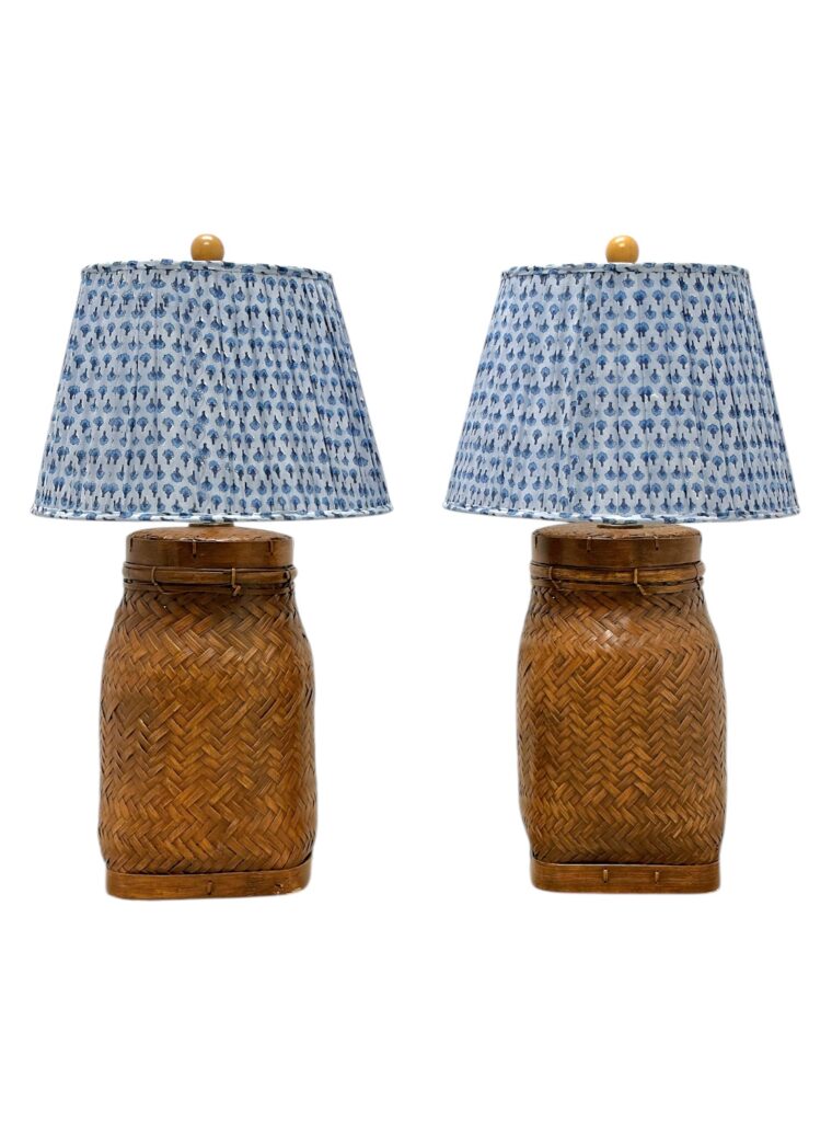 Pair of Vintage Asian Rattan Wicker Basket Lamps