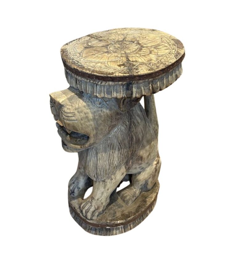 Wooden Carved Lion Stool - Image 3