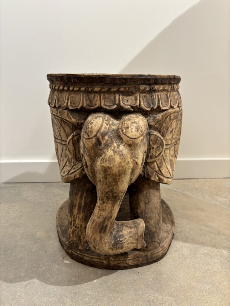 Wooden Carved Elephant Stool with Raised Trunk - Image 2