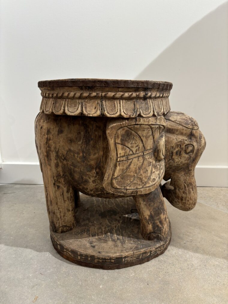 Wooden Carved Elephant Stool with Raised Trunk - Image 3