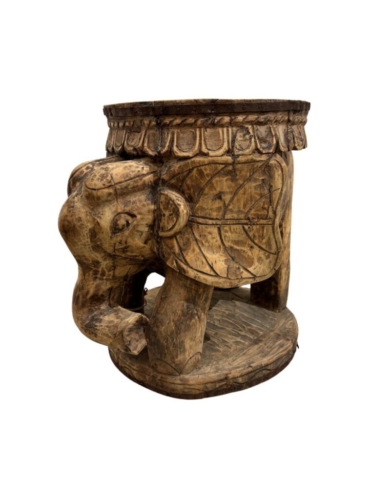 Wooden Carved Elephant Stool with Raised Trunk