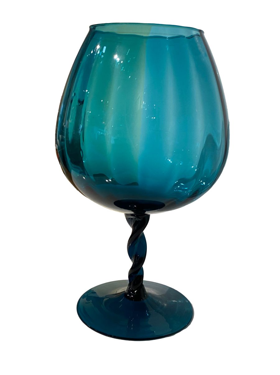 Front view of vintage Italian stemmed blue glass vase, circa 1960s.