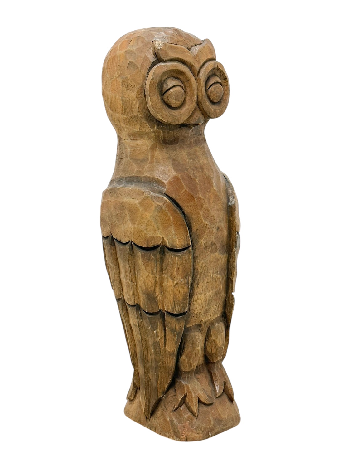 Close-up of Vintage Carved Owl in Dark Brown Wood, Detailed Feathers, Wing Spread.
