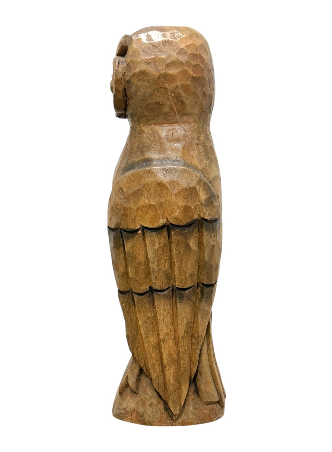 Close-up of Vintage Carved Owl in rustic brown tones, showcasing intricate detailing.