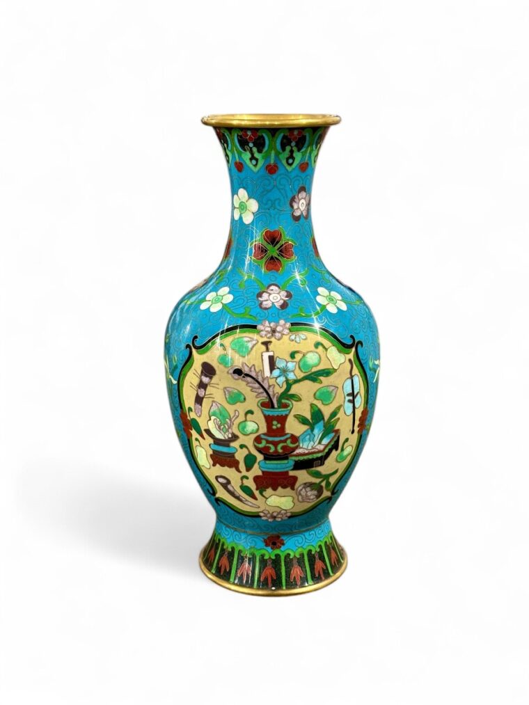 Vintage Tall Cloisonne Teal Vase